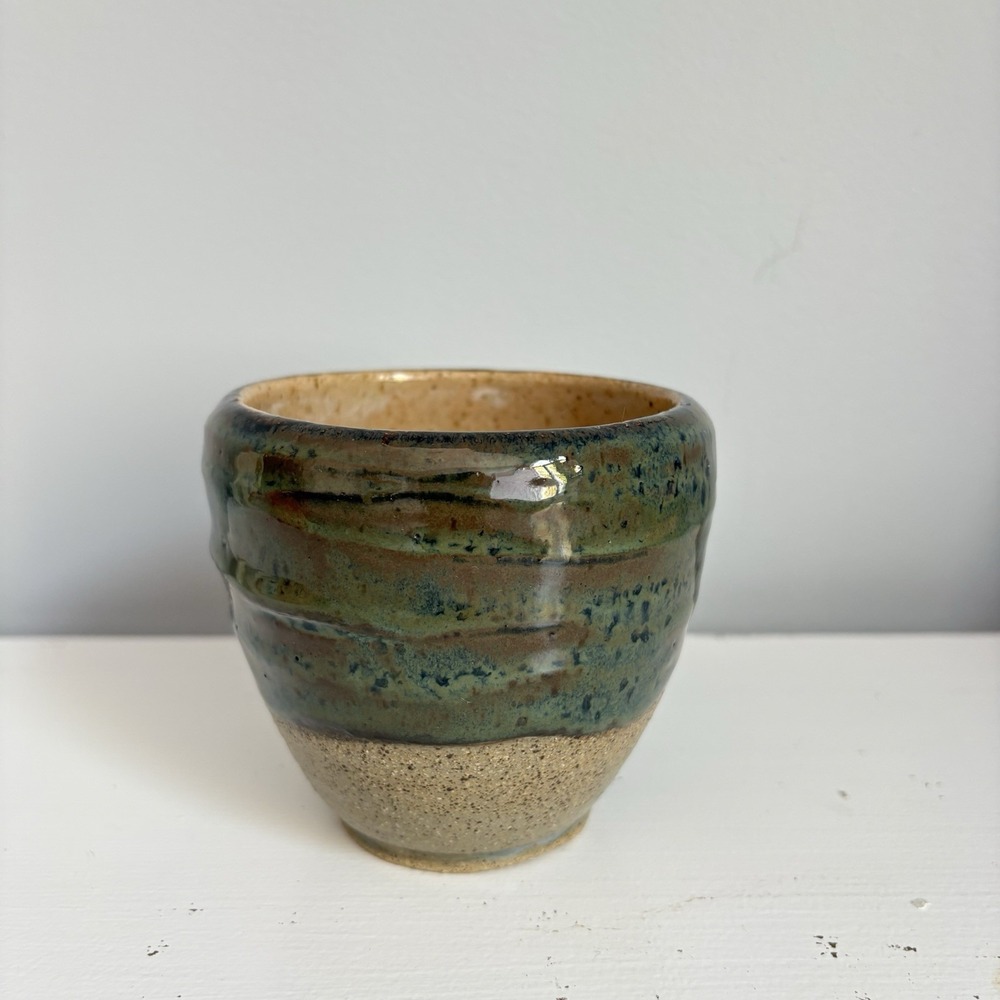 Studio Art Pottery Cup Planter Stoneware Artist Signed Blue Speckled Handmade - Picture 2 of 12